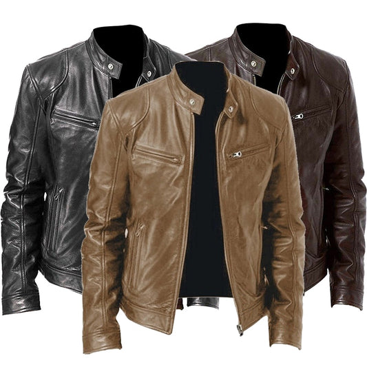 FF0001 Men Leather Jacket Plus Size Black Brown Mens Stand Collar Coats Leather Biker Jackets  Motorcycle Leather Jacket