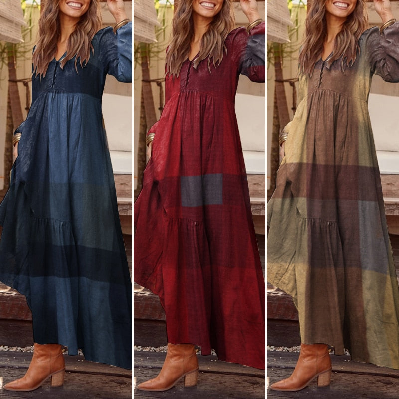 ชุดเสื้อโบฮีเมียนสตรี Maxi Sundress ZANZEA 2023 ฤดูใบไม้ผลิสบายๆ V คอ Ruflle Vestido หญิงแขนยาว Tunic Robe