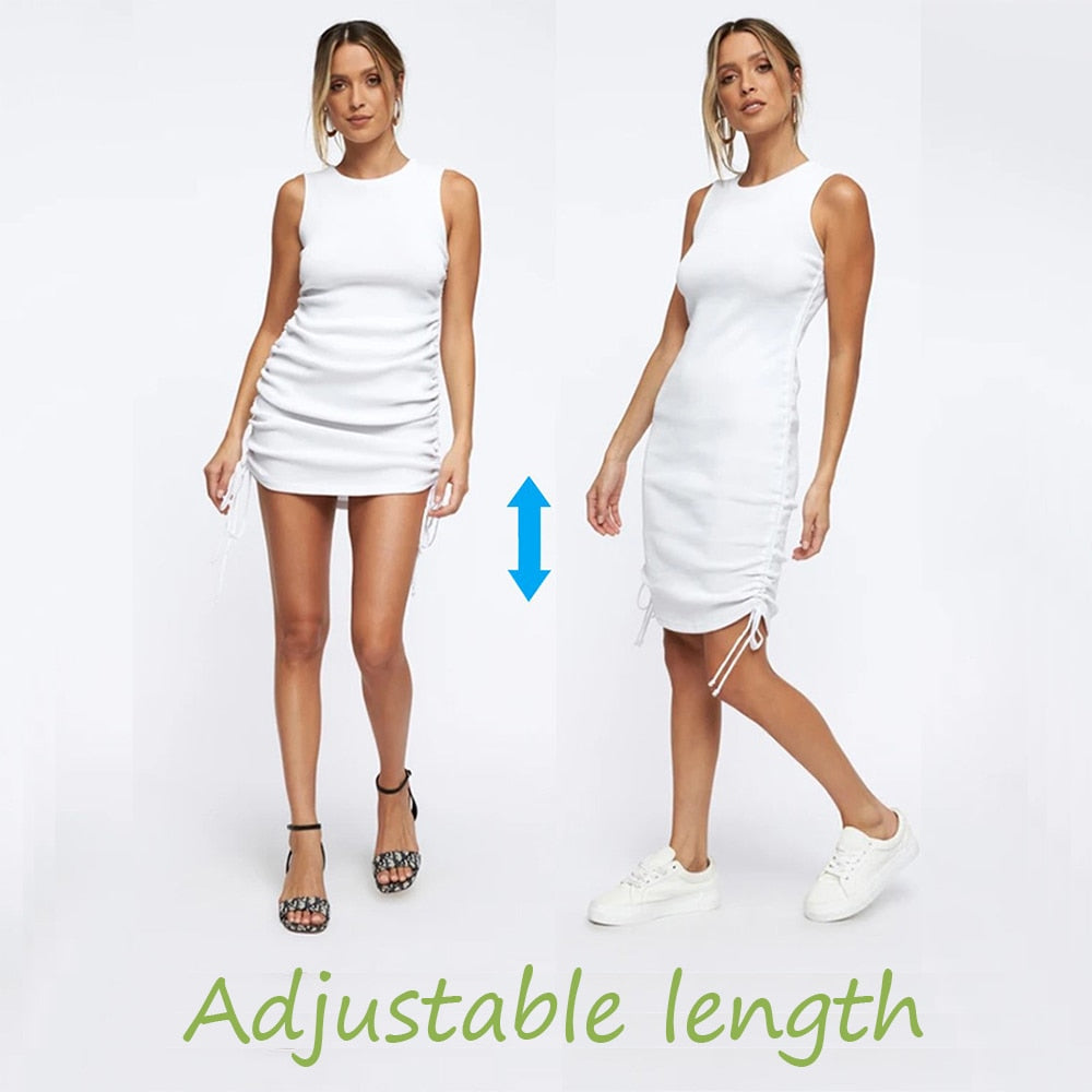 Women Ribbed Elastic Mini Dress Ruched Drawstring Adjustable Length Vestidos Sexy Party O-Neck Summer Bodycon Club Wear