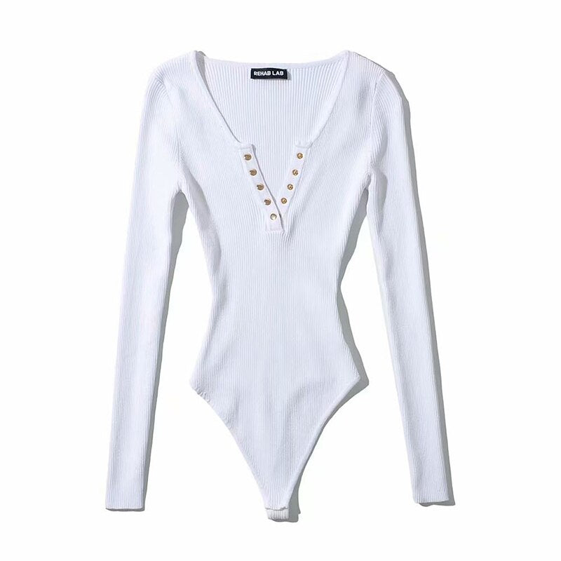 SheMujerSky Women Long Sleeve Buttons V-neck Bodysuits 2021 Sexy Spring Autumn Knitted High Elastic Slim Jumpsuit