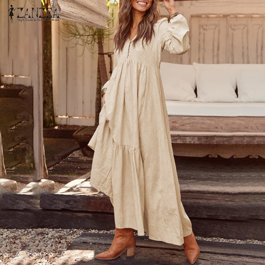 ชุดเสื้อโบฮีเมียนสตรี Maxi Sundress ZANZEA 2023 ฤดูใบไม้ผลิสบายๆ V คอ Ruflle Vestido หญิงแขนยาว Tunic Robe