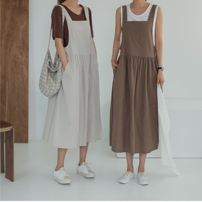 2022 New Summer Dress Ladies Dress Plus Size XL- 5XL Cotton Linen Women Tank Vestidos Sleeveless Robe Dress Pockets Clothes KE02