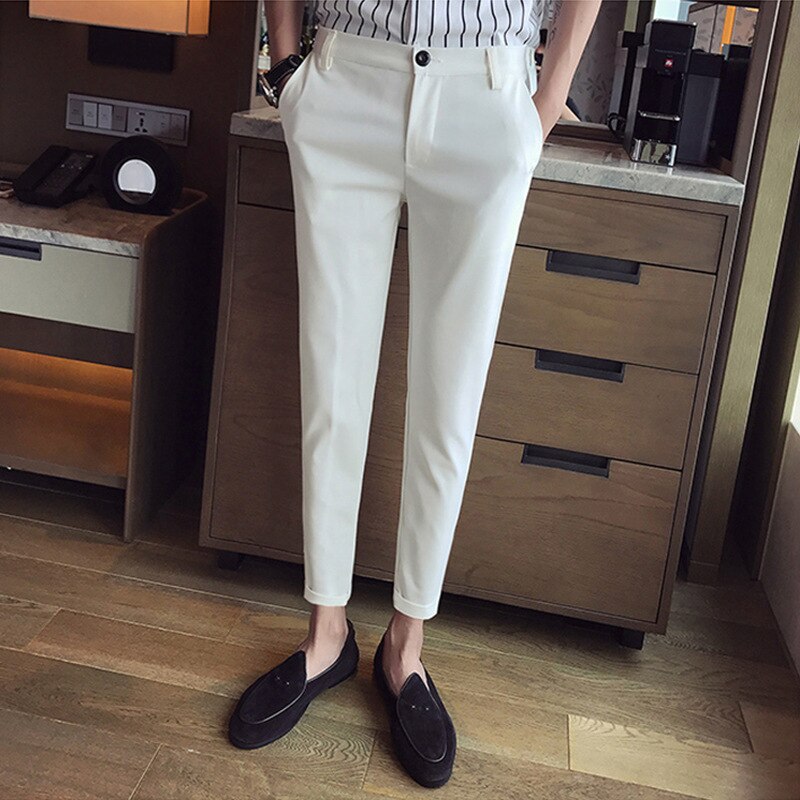 New Casual White Mens Pants Nine-point Trousers Feet Slim Breathable Comfortable High Quality Male Brand Business Pants
