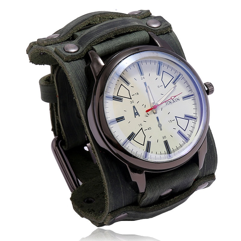 Mens Quartz Watches Jessingshow Luxury Wristwatch 2022 Cowhide Watchband Punk Style Watch for Men Wide Genuine Leather Bracelets