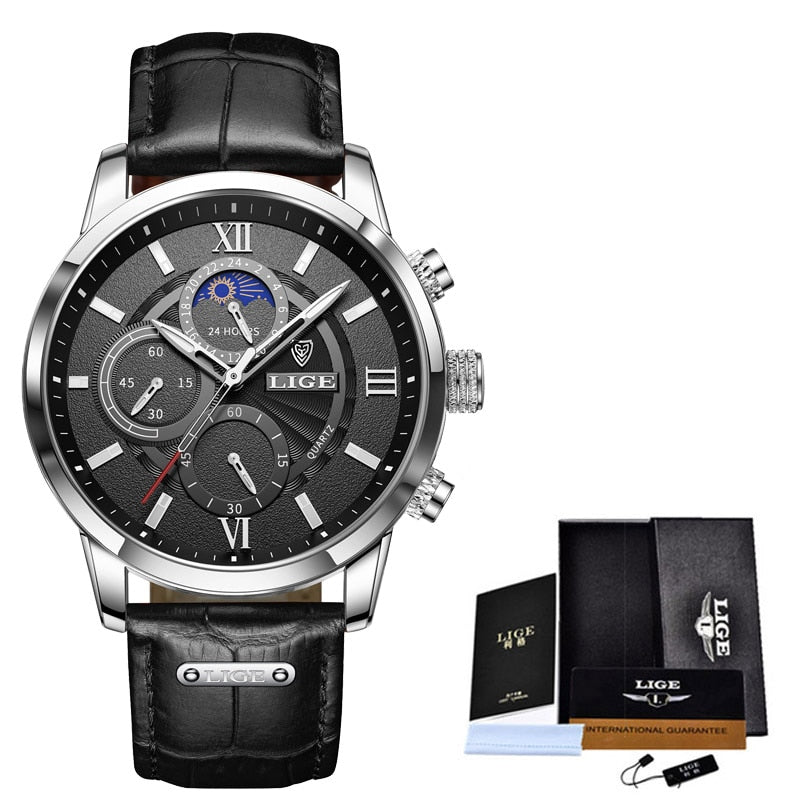 LIGE Men Watches 2022 New Fashion Leather Waterproof Luminous Top Brand Luxury Mens Quartz Wristwatch Men Relogio Masculino+box