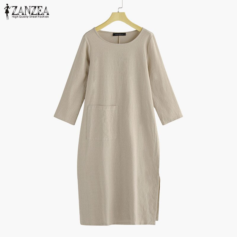 2023 ZANZEA  Linen Midi Dress Womens Autumn Sudress Casual Long Sleeve Split Tunic Vestidos Female Front Pocket Robe