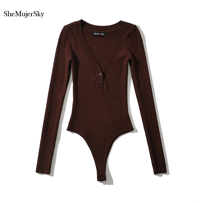 SheMujerSky ผู้หญิงเซ็กซี่ถักยืดหยุ่น Slim Bodysuits 2022 แขนยาว V คอปุ่ม Jumpsuits บอดี้สูทด้านบน