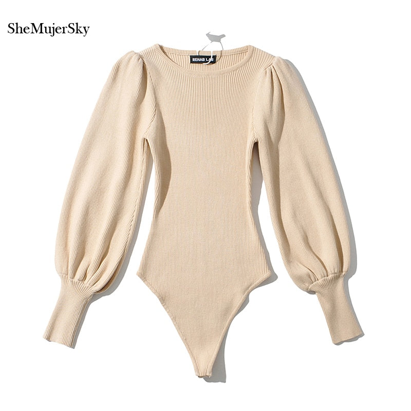 SheMujerSky Women Knitted Solid Color Bodysuits Puff Sleeve Elastic Slim Jumpsuits 2021 Long Sleeve Bodysuit