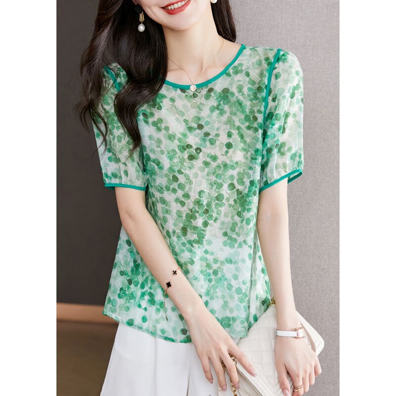 2022 Summer New Women's Clothing Korean Round Neck Printing Chiffon Shirt Fashion Casual Short Sleeve Spliced Lacing Blouses