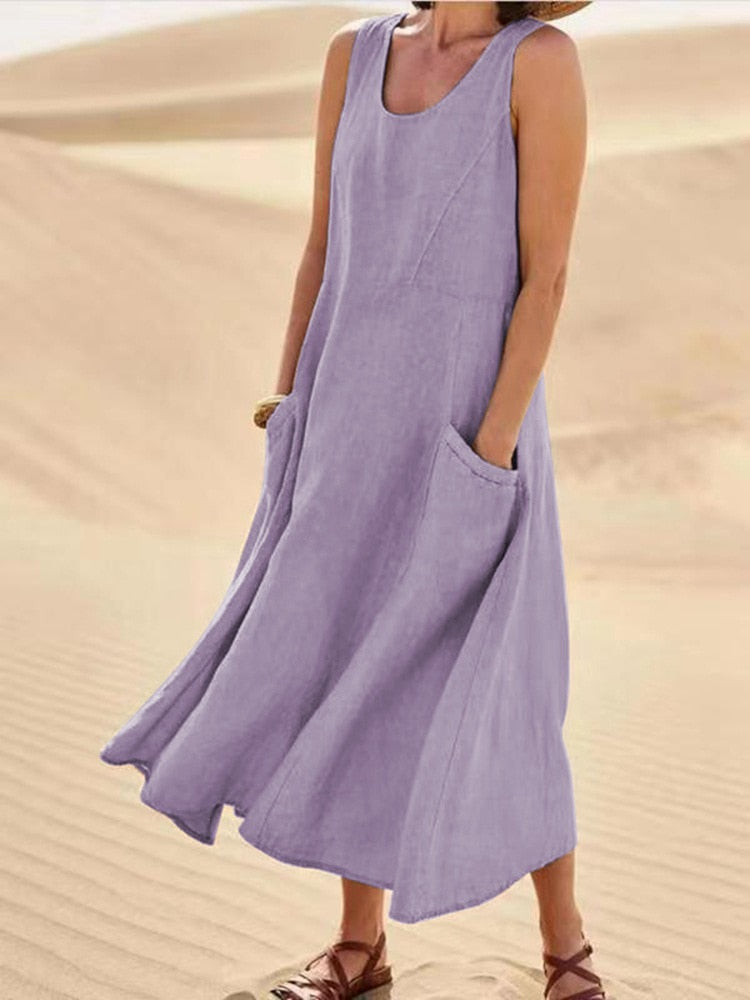 Summer Women Sleeveless Sundress Elegant Round Neck Cotton Linen Solid Long Tank Dress Vintage Pockets Beach Vestidos
