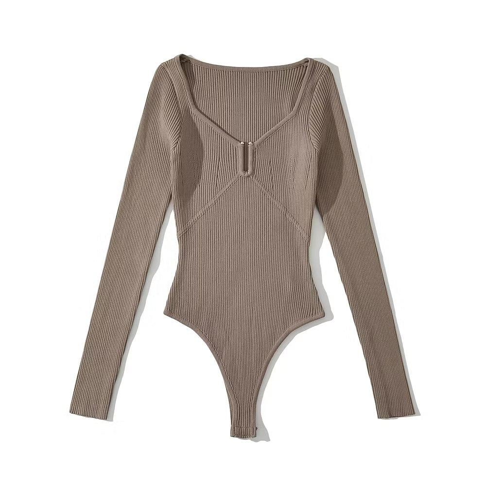 Women Long Sleeve Metal Buckle Square Collar Bodysuit Knitted Stretchable Slim 4 Colors Jumpsuits