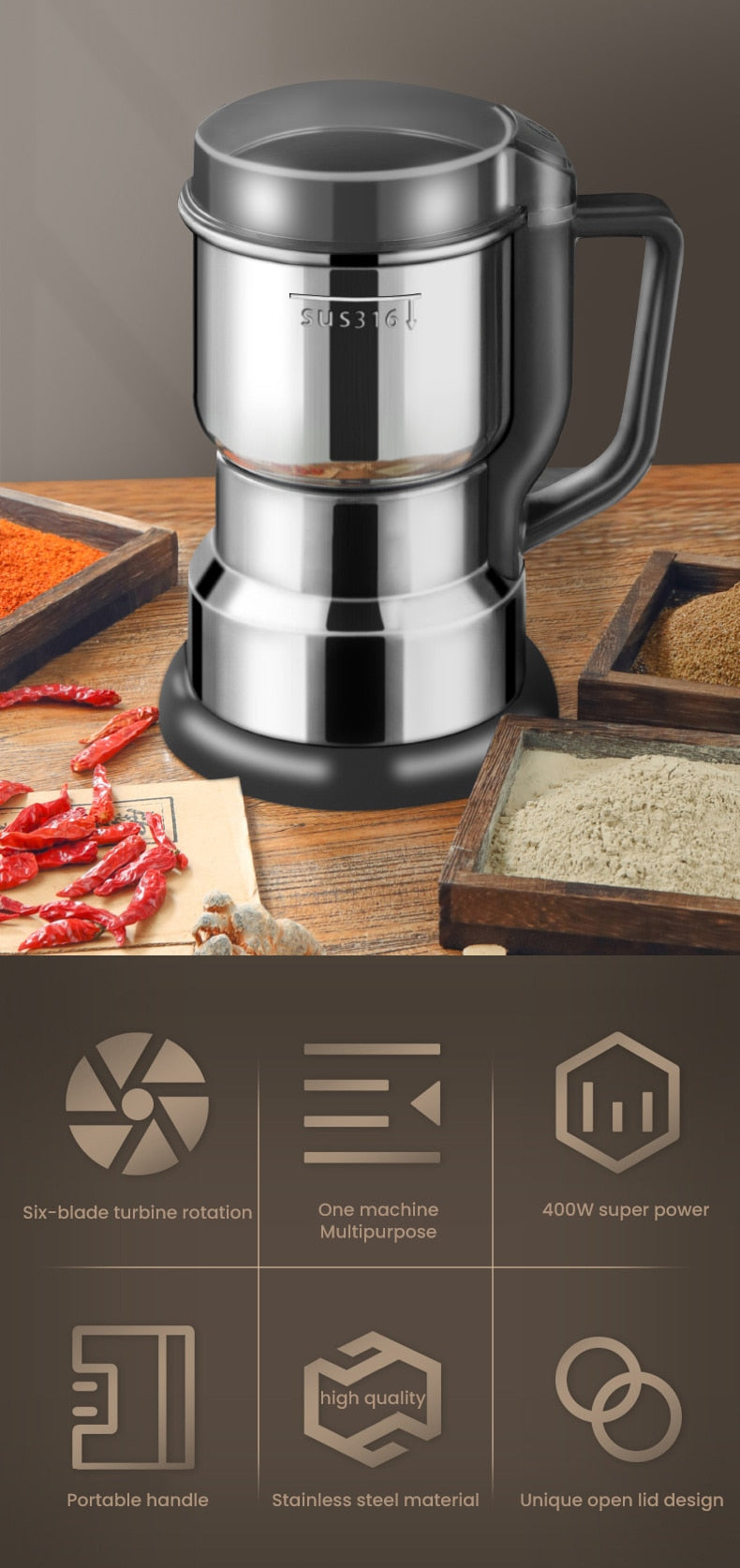 400W 304/316Stainless Steel High-power Coffee Bean Grinder Cereal Nuts Beans Spices Grains Grinder Grinding Machine مطحنة القهوة