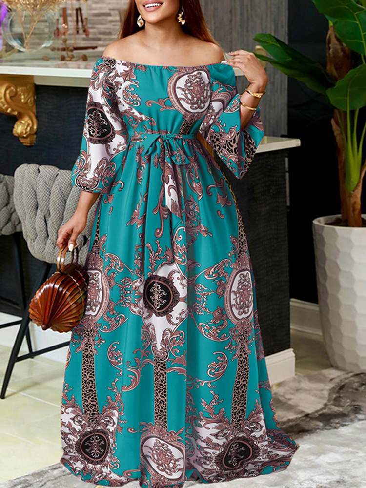 2022 VONDA Party Dress Oversize Women Autumm Off Shoulder Maxi Evening Dresses Bohemian Elegant Long Sundress Print Vestido Robe