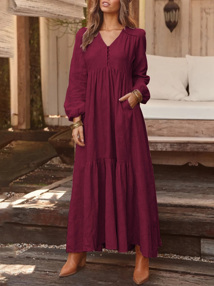 Bohemian Shirt Dress Women's Maxi Sundress ZANZEA 2023 Spring Elegant Casual V Neck Ruflle Vestido Female Long Sleeve Tunic Robe