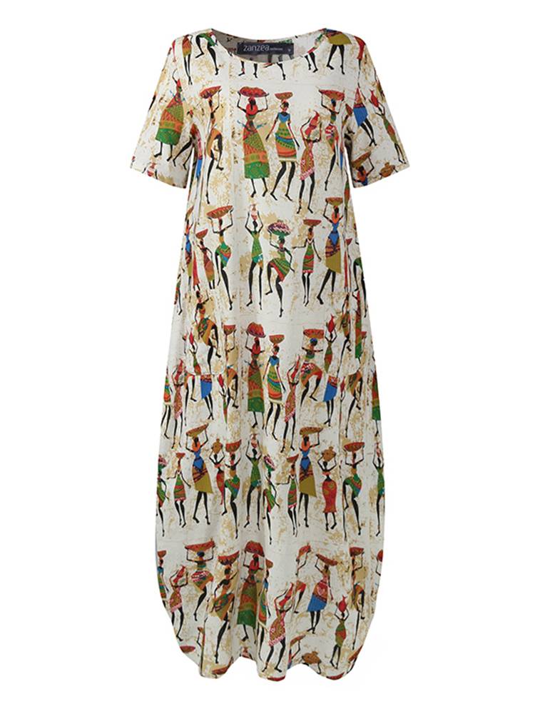 Women's Summer Sundress ZANZEA Stylish Cartoon Print Maxi Dress Casual Short Sleeve Tunic Vestidos Female O Neck Robe Oversize