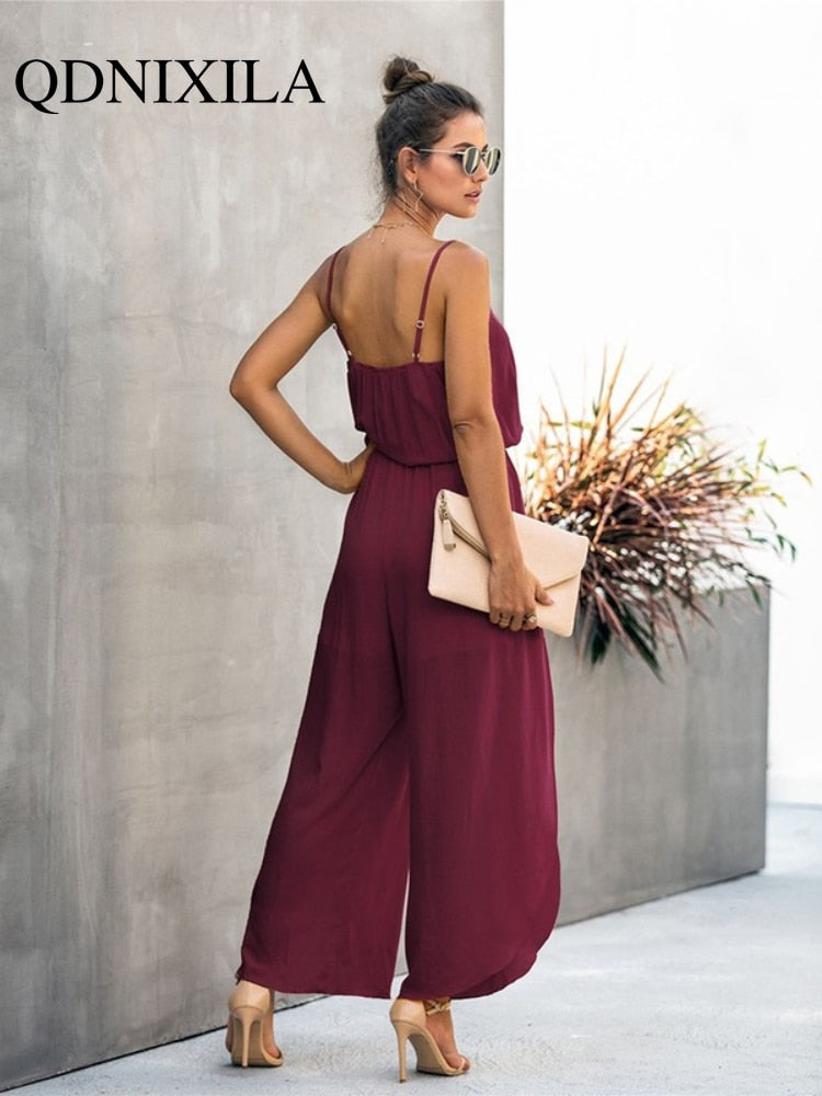 New Summer Sexy Backless Wide Leg Jumpsuit Women Bandage Side Split Hem Rompers  Women's Clothing Jumpsuit Women  Jumpsuits