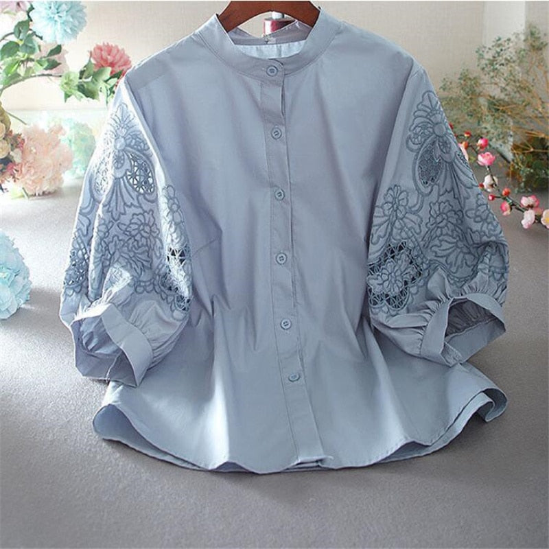 Pure Cotton Embroidery Blouses For Women Shirt Half Sleeve Hollow Female Shirt Stand-up Collar Lantern Sleeve Blous Woman Shirt