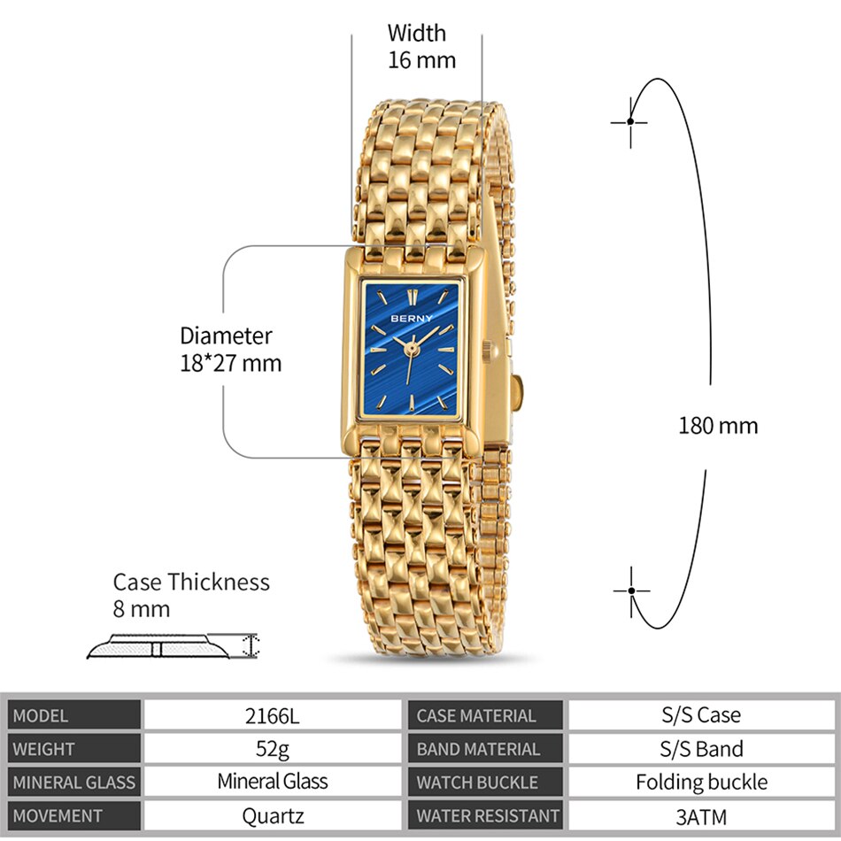 BERNY Gold Watch for Women Luxury Women&#39;s Wristwatch Waterproof Golden Female Clock Stainless Steel Fashion Quartz Ladies Watch