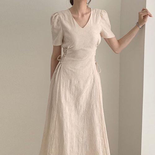 Cotton Linen Long Dress Summer Slim Waist A Line Temperament Lady Retro Vintage Cute Korean Chic Women Dresses Vestidos