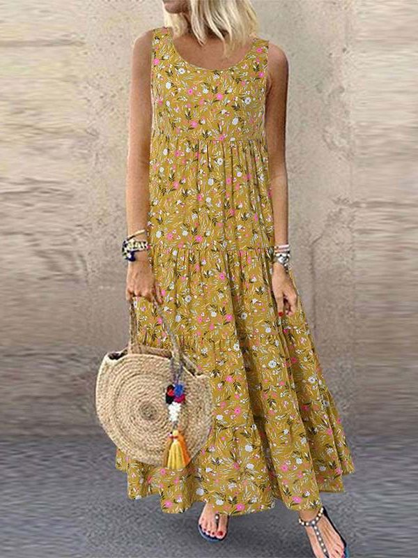 Floral Print Bohemian Casual Dress 2022 New Summer Sleeveless O-Neck Cotton Linen Women Boho Dress Holiday Beach Dress S-5XL