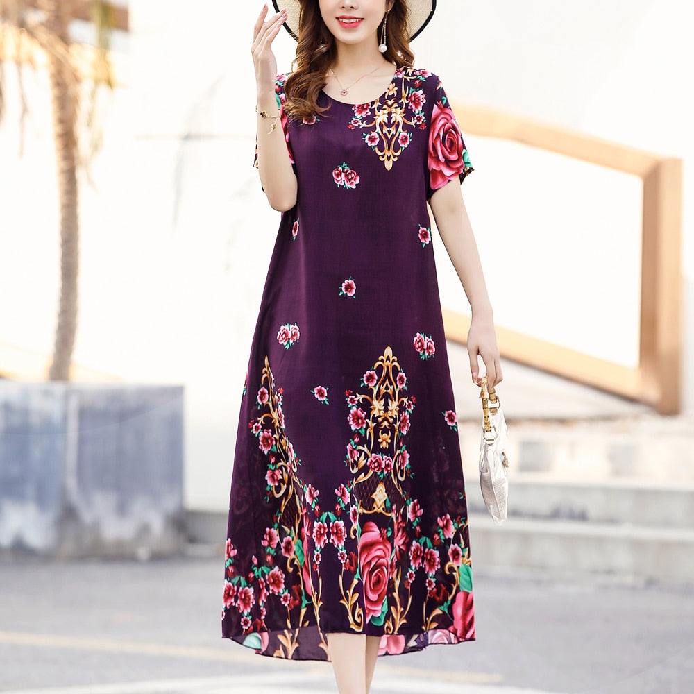 New 2022 Summer Dress For Long Vintage Loose Women Elegant Short Sleeve Dress Casual O-neck Dresses Printing Woman Clothing
