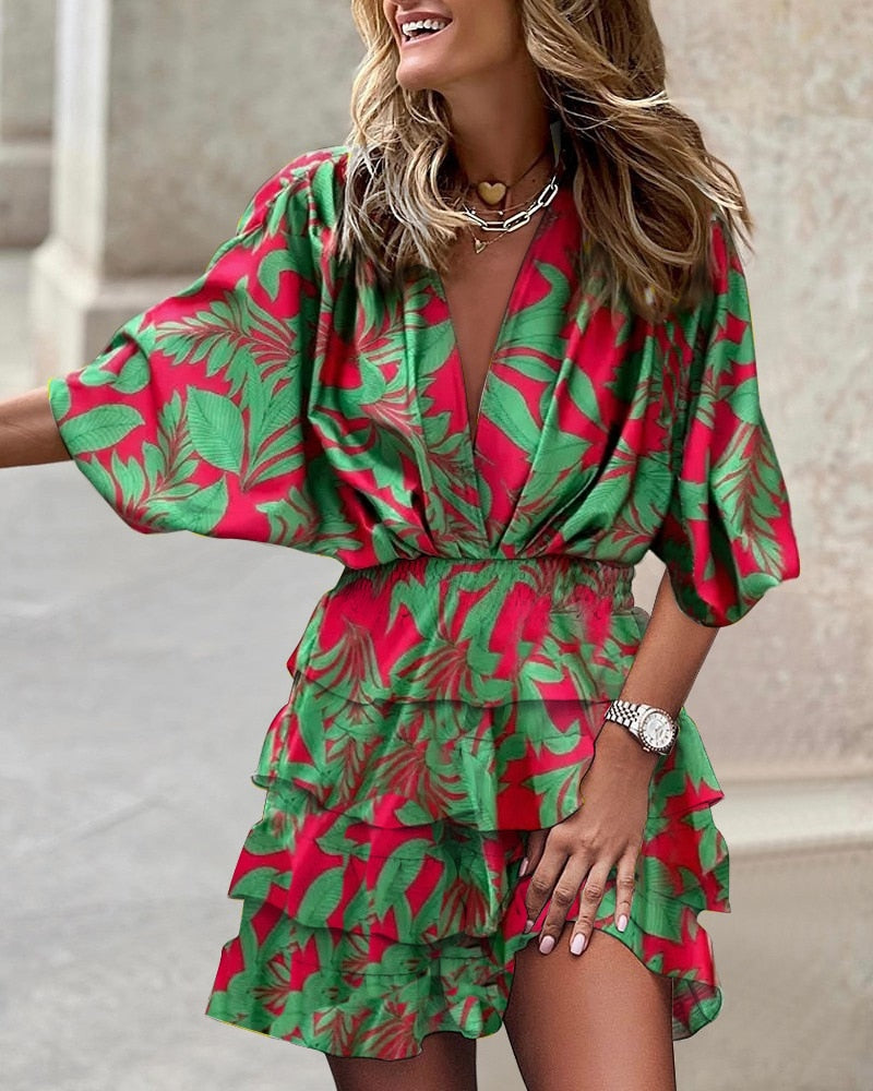 Autumn Summer Ruffled Dress Women Fashion Print Bat Sleeve V-neck Ruffled Mini Dress Women