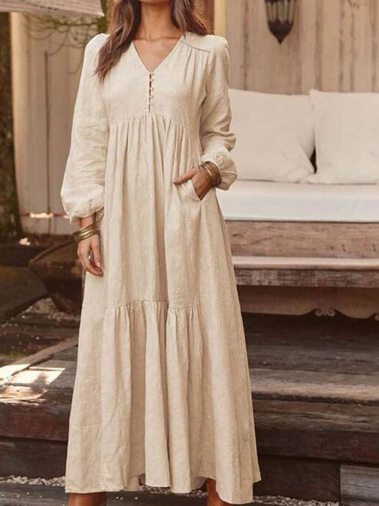 Autumn Cotton Long Dress Women Retro Solid Color Maxi Dress Lantern Sleeve with Pocket Pleated Casual Dresses V Neck Robe Femme