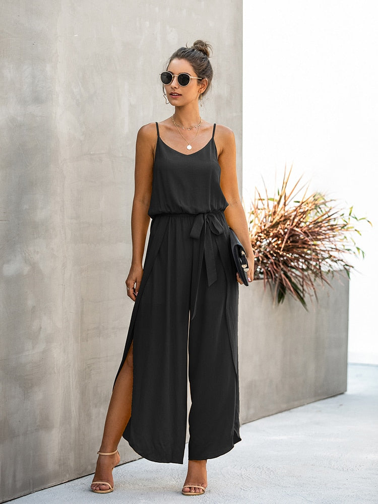 New Summer Sexy Backless Wide Leg Jumpsuit Women Bandage Side Split Hem Rompers  Women's Clothing Jumpsuit Women  Jumpsuits