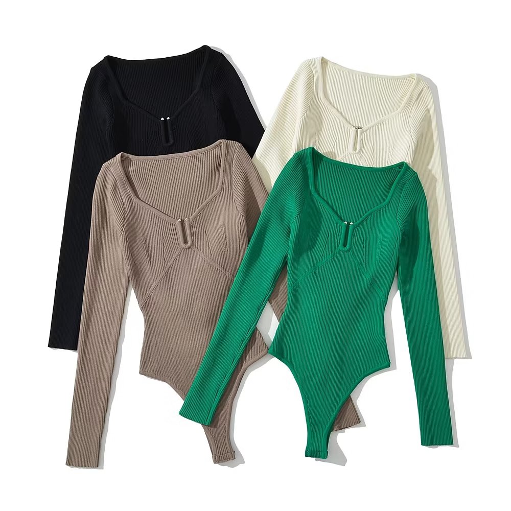 Women Long Sleeve Metal Buckle Square Collar Bodysuit Knitted Stretchable Slim 4 Colors Jumpsuits