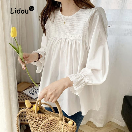 Fashion Solid Color Loose Pleated Blouse Women New Classic Long Sleeve Korean Literature and Art Lady Pullover Shirt 2023