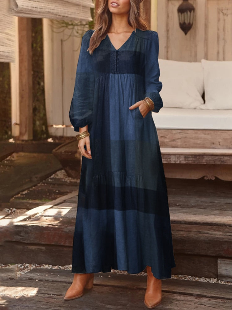 ชุดเสื้อโบฮีเมียนสตรี Maxi Sundress ZANZEA 2023 ฤดูใบไม้ผลิสบายๆ V คอ Ruflle Vestido หญิงแขนยาว Tunic Robe