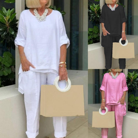 Summer 1 Set Casual Pure Color Patchwork Outfit Streetwear Women Blouse Pants O Necks   for Party