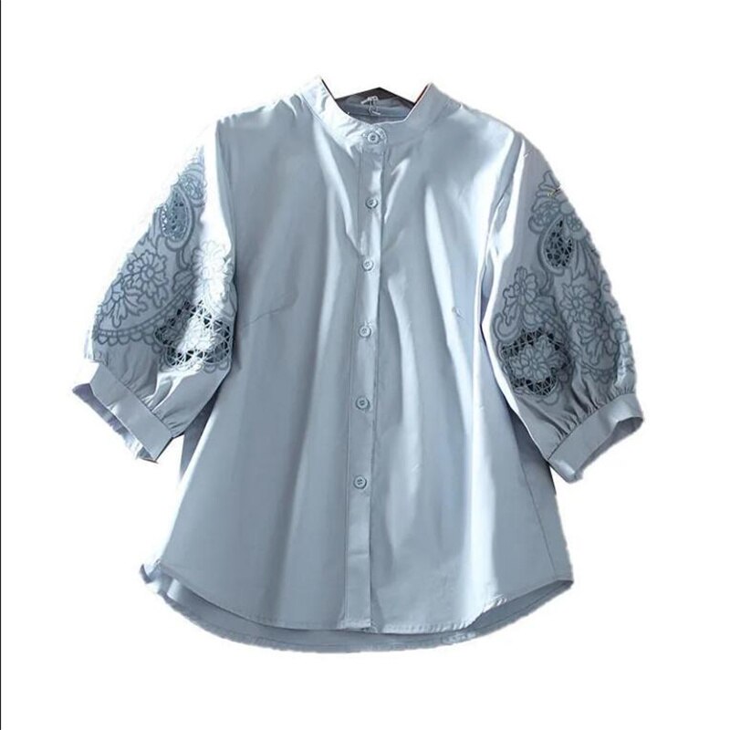 Pure Cotton Embroidery Blouses For Women Shirt Half Sleeve Hollow Female Shirt Stand-up Collar Lantern Sleeve Blous Woman Shirt