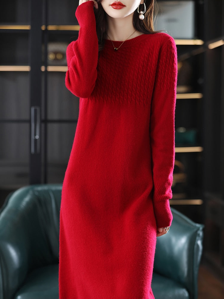 Round Neck Cashmere Dress Women&#39;s Long Pullover Sweater Autumn And Winter New Knitted Knee-Length Pure Wool Dress