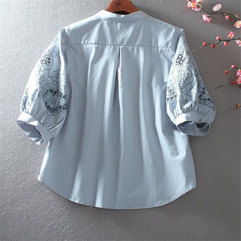 Pure Cotton Embroidery Blouses For Women Shirt Half Sleeve Hollow Female Shirt Stand-up Collar Lantern Sleeve Blous Woman Shirt