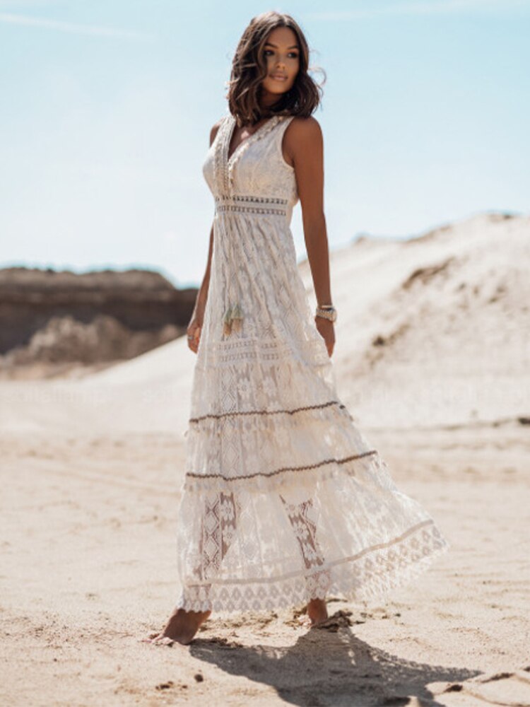 Lace Dress Women White Summer Sleeveless Dress Vintage Spaghetti Strap Dress Ladies Hollow Out Beach Long Dress Robe Longue 2023