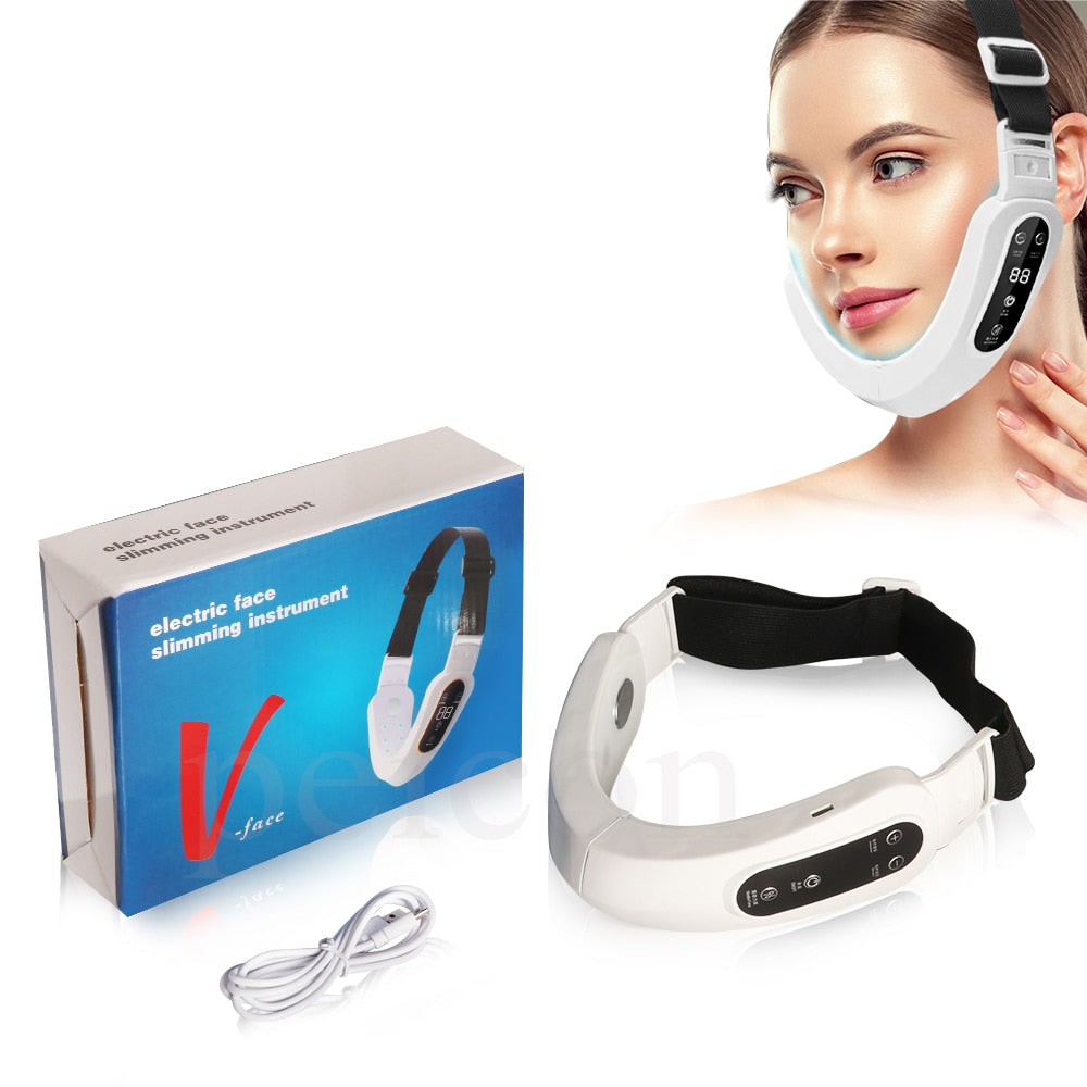 เครื่องกระชับสัดส่วนบนใบหน้า Double Chin Reducer Electric Face Slimming Massager V Shape Lift Device Belt Chin Fat Remover With LED Light