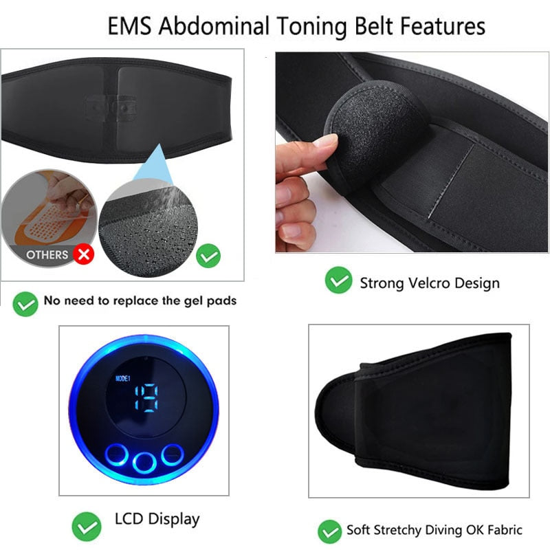 EMS Muscle Stimulator Abs Abdominal Trainer Toning Belt USB Recharge Body Belly Weight Loss Home Gym Fitness Equiment Unisex