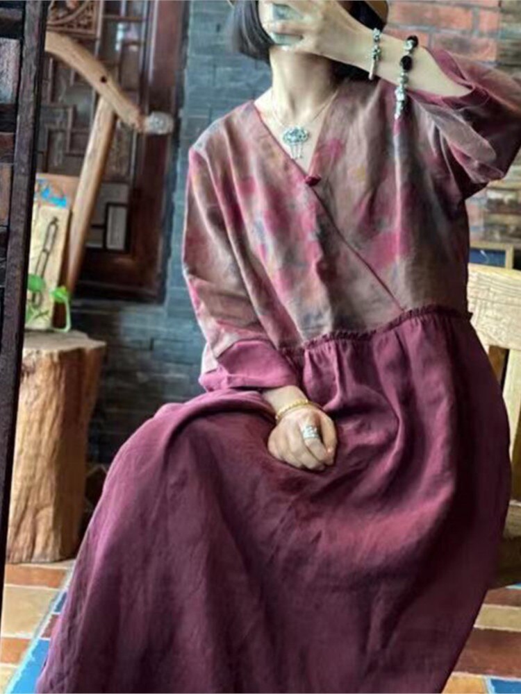 Johnature Patchwork Print Women Linen Dresses A-Line 2023 Autumn Wrist Sleeve V-neck Female Chinese Style Vintage Dress