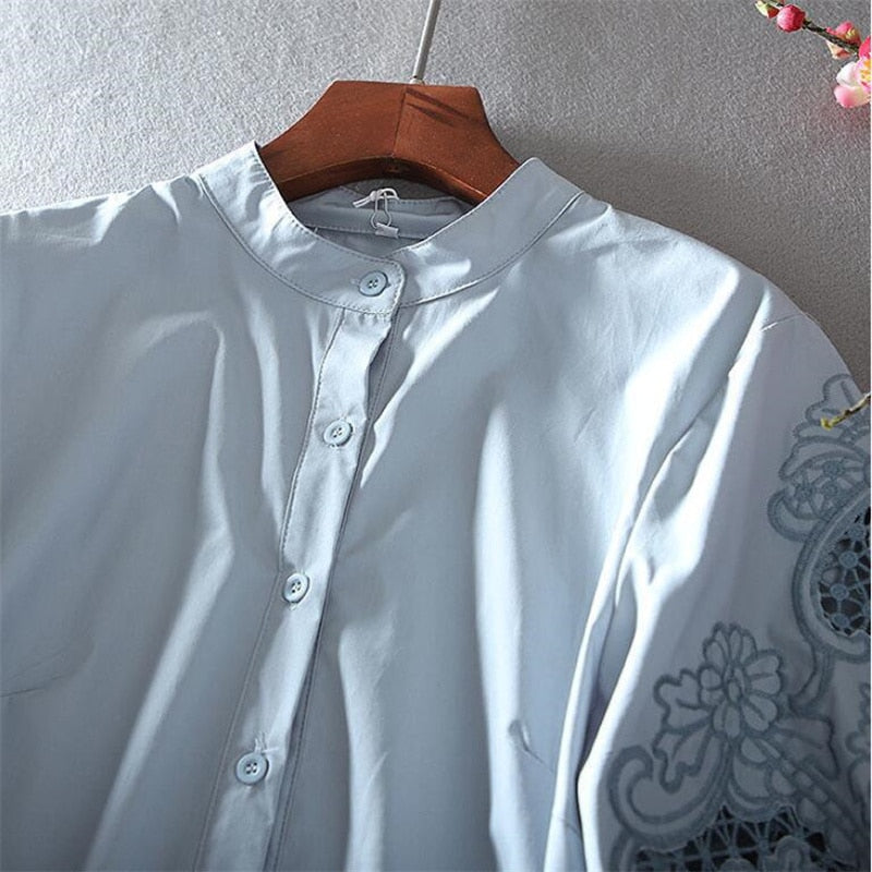 Pure Cotton Embroidery Blouses For Women Shirt Half Sleeve Hollow Female Shirt Stand-up Collar Lantern Sleeve Blous Woman Shirt