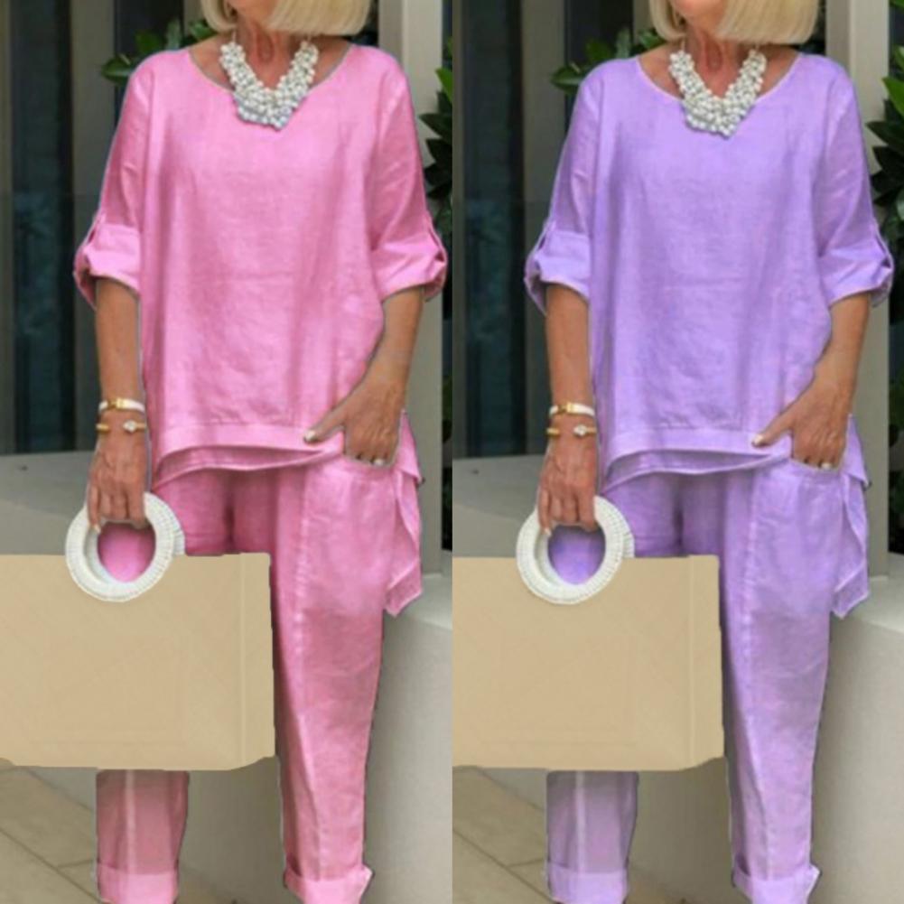 Summer 1 Set Casual Pure Color Patchwork Outfit Streetwear Women Blouse Pants O Necks   for Party