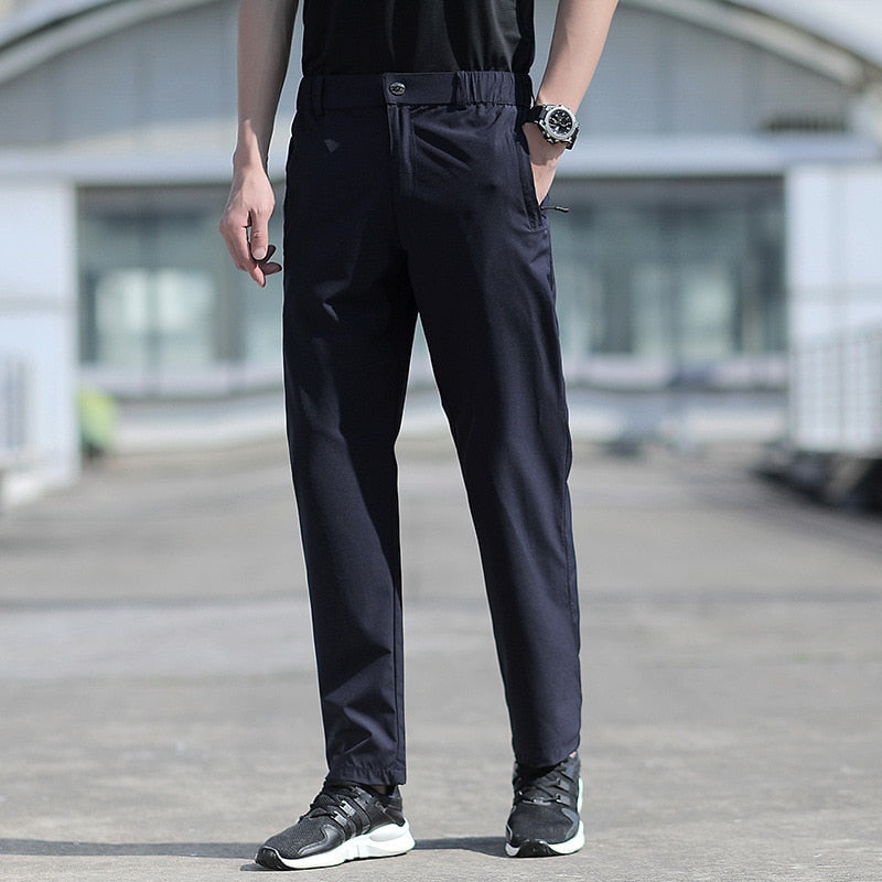 Large Size Men&#39;s Summer Pants Big Size Ice Silk Stretch Breathable Straight Leg Pants 6XL Quick Dry Elastic Band Black Trousers