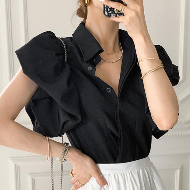 Casual Black Shirts Women Camisa Feminina Blusas Single Breasted Palace Style Puff Tops Lantern Short Sleeve Blouse Summer Shirt