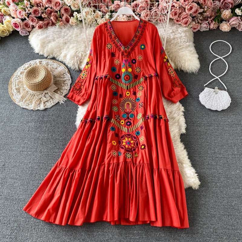 Vintage Women Dress Floral Embroidery Beach Dress Ladies Short Sleeve V-neck Cotton And Linen Boho Dresses Summer