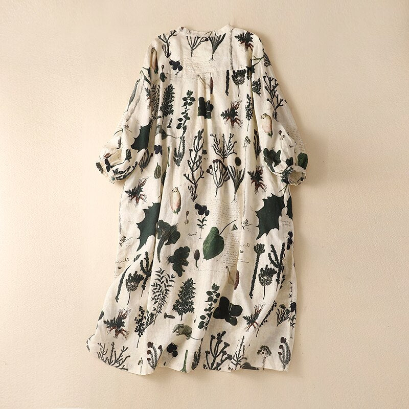 Plant Print Vintage Linen Thin Loose Waist Three Quarter Women's Dress O-Neck A-Line Mid-Calf Dresses For Women 2023 Spring