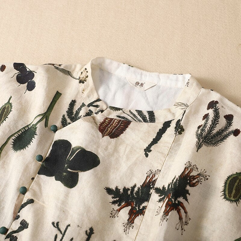 Plant Print Vintage Linen Thin Loose Waist Three Quarter Women's Dress O-Neck A-Line Mid-Calf Dresses For Women 2023 Spring