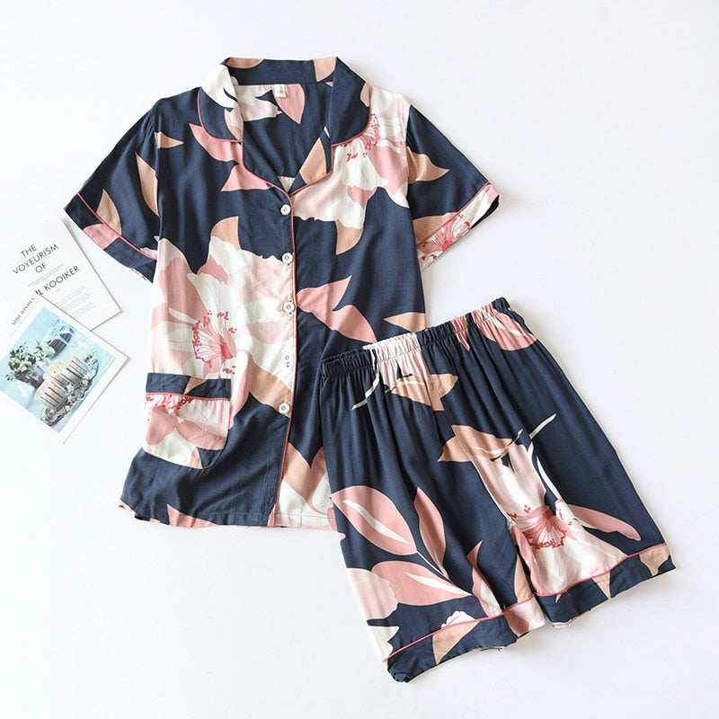 summer new women's pajamas thin section short-sleeved shorts large floral print pajamas home service ladies pajamas for women