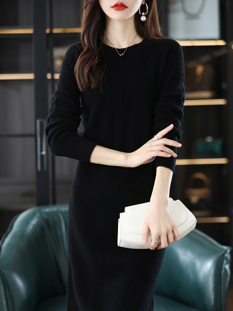 Round Neck Cashmere Dress Women&#39;s Long Pullover Sweater Autumn And Winter New Knitted Knee-Length Pure Wool Dress