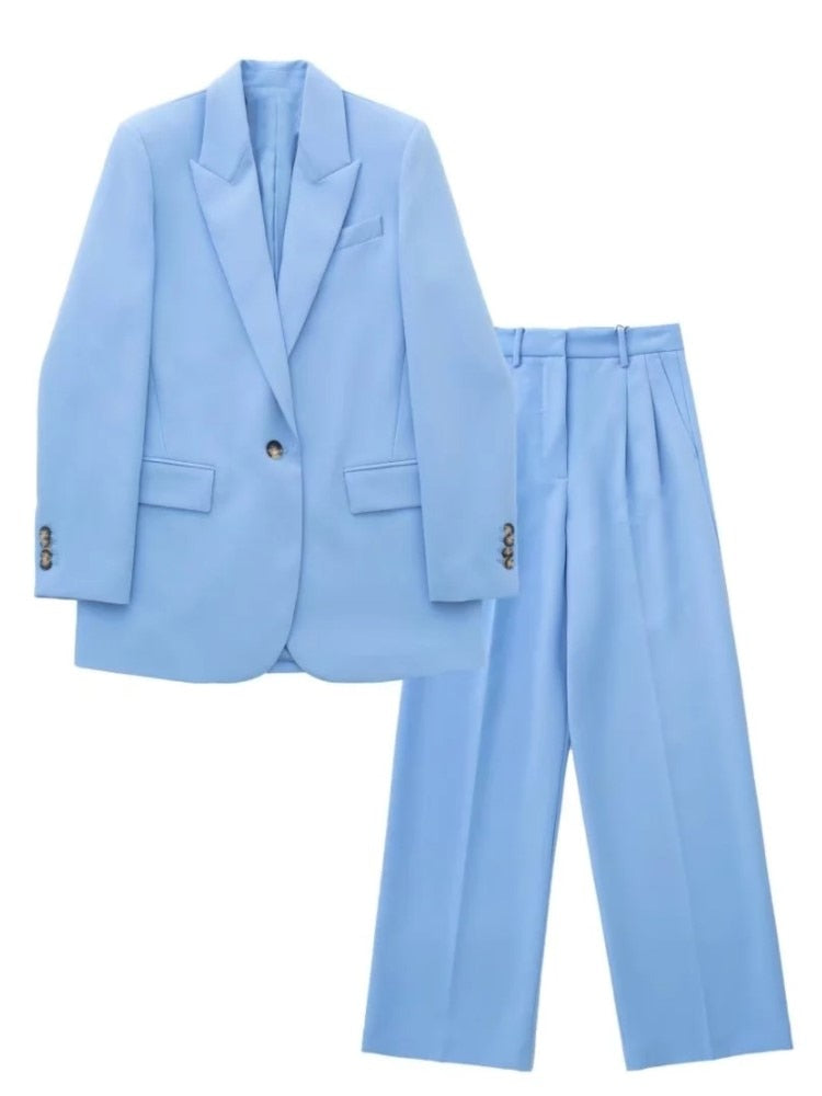 Women's Trouser Suit Blue Blazer Pant Suits Spring Women's Formal Outfits Office Lady Pants Sets One Button Spring Blazer Jacket