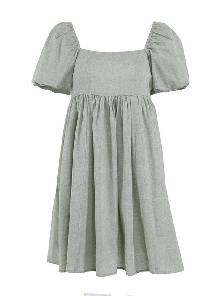 OOTN Vintage Casual Short Women Summer Dress Puff Sleeve A Line Dresses High Waist Square Collar Linen Sexy Dress Khaki 2022